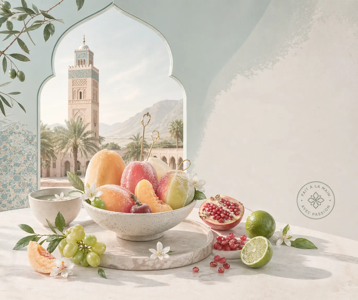 Affiche Frümee : arche marocaine ouverte sur le minaret de la Koutoubia, coupe de fruits au premier plan