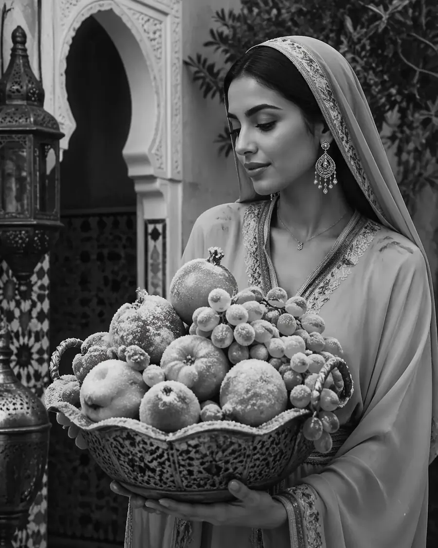 Portrait en noir et blanc d’une femme tenant une coupe de fruits dans un riad