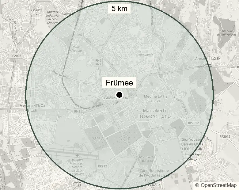 Map: the free delivery zone, a 5 km circle around Frümee, Rue Hassania (Gueliz, Medina, Agdal)